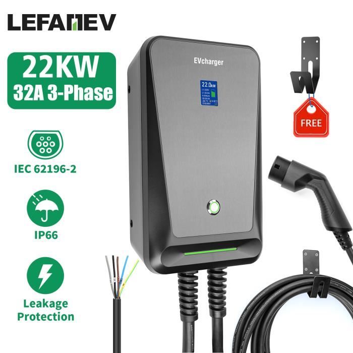 LEFANEV 22kW 32A Chargeur EV triphasé WallBox Station de charge murale avec câble de type 2 6,1 mètres