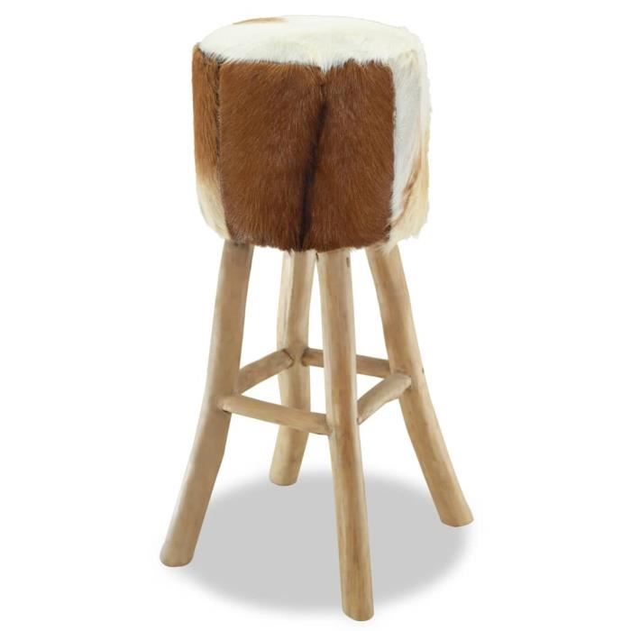 HAUTE QUALITÉ - Tabouret de bar - Cuir véritable et bois de teck solide - 35 x 35 x 76 cm - Siège rembourré - Beige