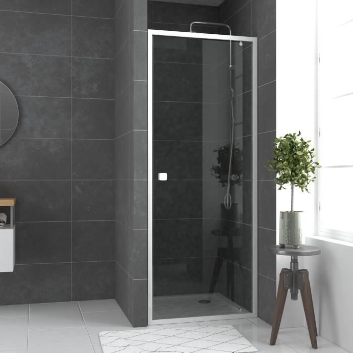 Porte de douche pivotante Spot extensible 80 à 90cm AURLANE - profilés métal blanc verre trempé transparent
