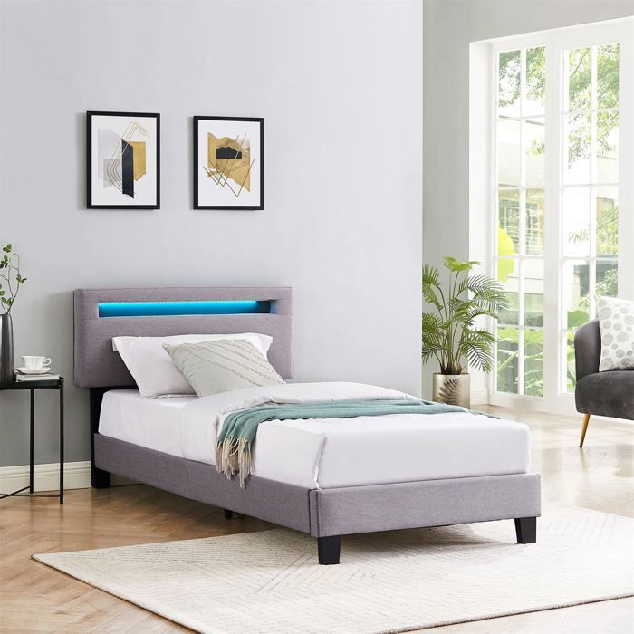 Lit LED simple AUSTIN 90x190 cm, avec sommier, rev&ecirc;tement en tissu gris