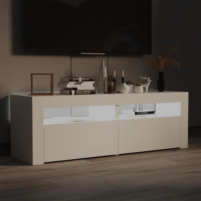 Meuble TV KIMISS Blanc avec lumières LED - 120x35x40 cm - Porte et tiroir - Style Contemporain