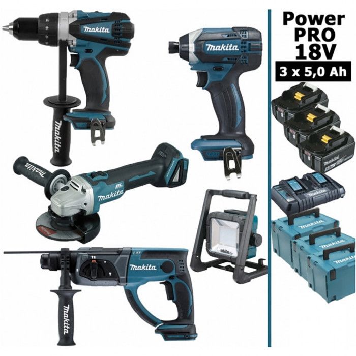 Makita France Pack Makita Power PRO 18V: Perceuse 91Nm DDF458 + Meuleuse 125mm DGA504 + Perforateur 2J DHR202 + Visseuse à chocs 165Nm DTD152 - vue 1