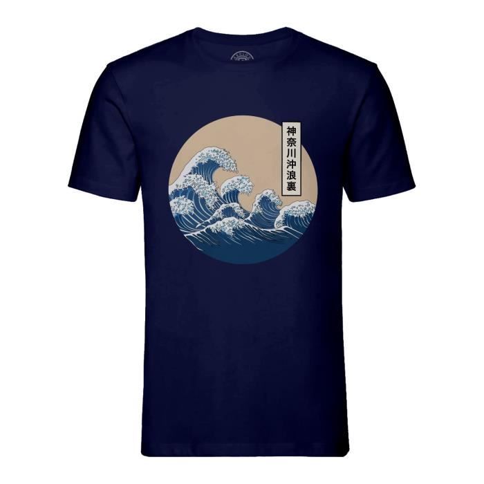 T-shirt Homme Col Rond Bleu Hokusai Grandes Vagues Japon Asie Culture Mer