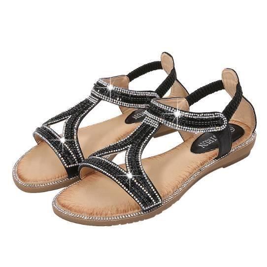 Sandales Plates Décontractées Pour Fille - Style Bohème Bout Ouvert, Avec Strass, Légères Et Respirantes, Pour L'été/plage