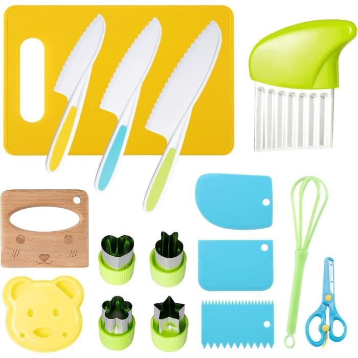 Montessori – Ensemble De 15 Couteaux De Cuisine Pour Enfants – 4 Couteaux Plastique, 1 Bois – Planche à Découper, éplucheur, Emporte-pièces – Dès 2 Ans