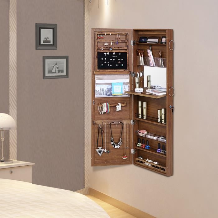 Armoire à Bijoux Psyché Murale Suspendue avec Serrure Miroir intérieur et Tablette pliable