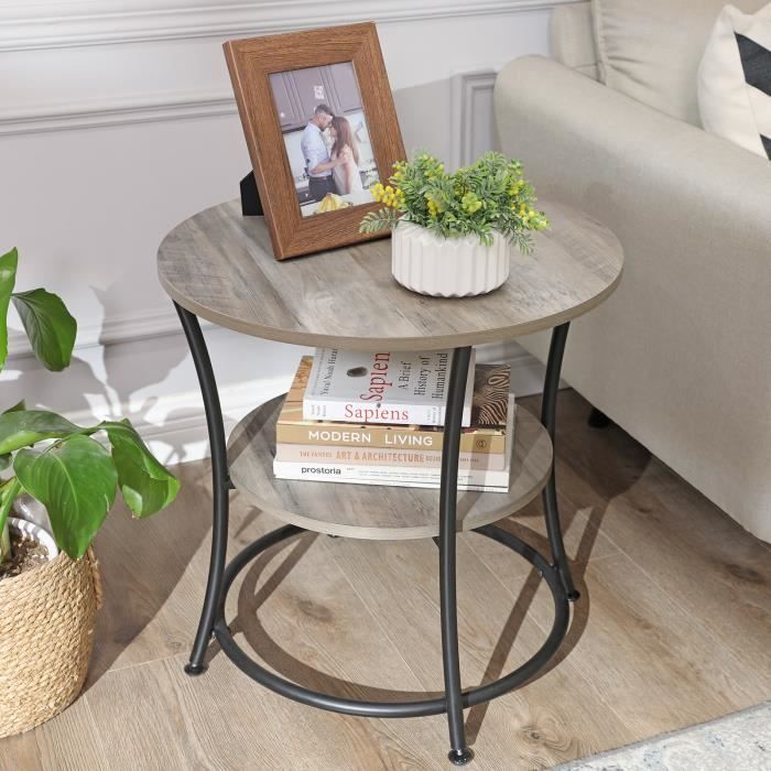 Table d'appoint ronde design avec rangement en métal grège et bois