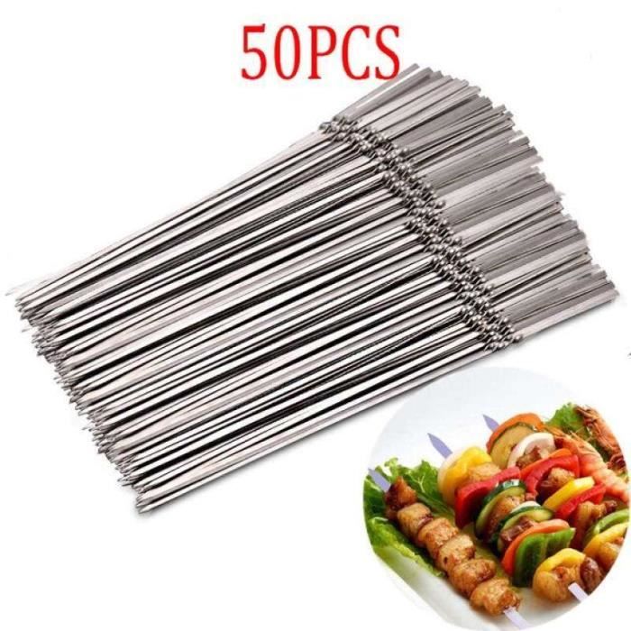 20 Brochettes En Inox Pour Barbecue - Longueur 50 Cm, Pointe Fine Et Poignée Anti-chaleur