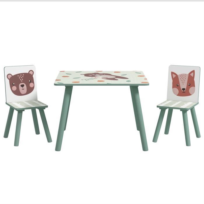 ensemble table et chaises enfant design animaux de la forêt - table carrée + 2 chaises - bois pin mdf vert