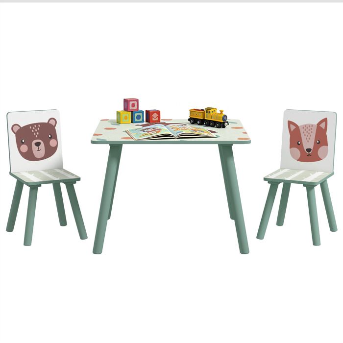 ZONEKIZ - Ensemble table et chaises pour enfants - Bois - 60x60x44cm - Vert