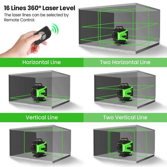 Niveau laser 4 x 360° STANEW,Autonivelant Niveau Laser Vert 4D 16 Line Ligne Laser Verte Horizontal et Verticale avec Télécommande Intégrée (With tripod