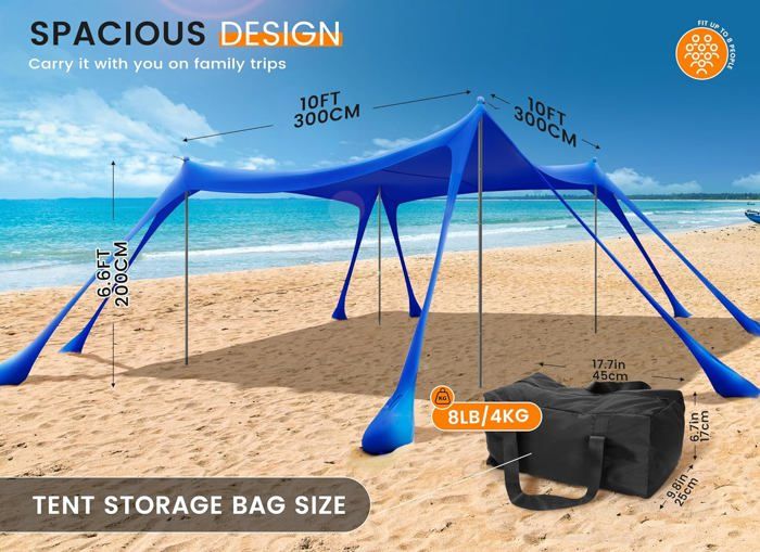 Abri De Plage Lycra UPF50+ – 3x3x2m, 4 Poteaux Alu, 6 Places, Avec Pelles Et Piquets – Pour Plage, Camping, Pêche