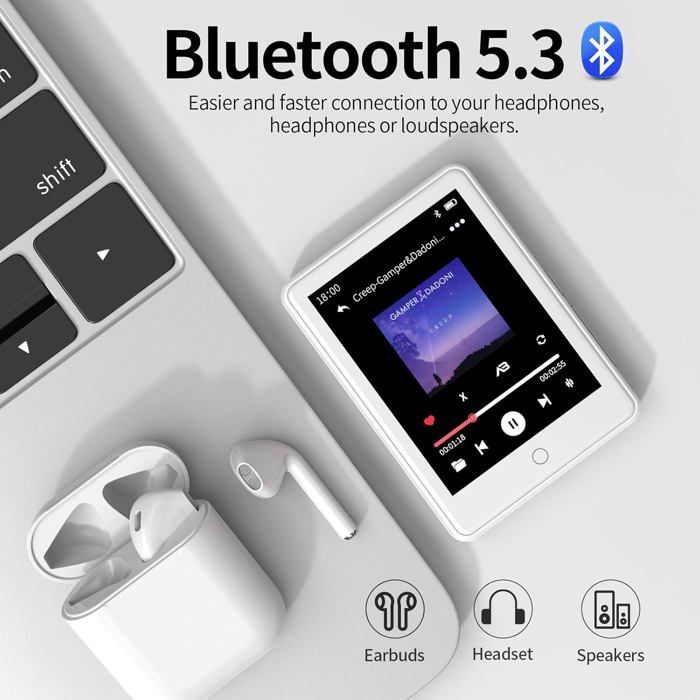 Lecteur MP3 Bluetooth 5.3 32 Go – Écran Tactile 2.8" Couleur, HiFi Sans Perte, Haut-Parleur Intégré, FM, E-Book, Jusqu'à 128 Go, Batterie 40h