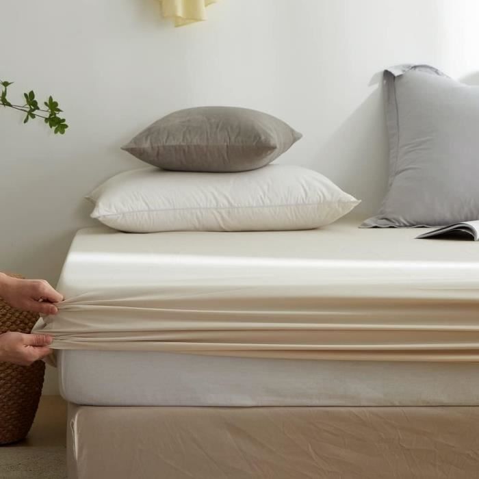 Drap Housse 160x200 Beige Microfibre Bonnet 30cm - Housse Matelas 2 Personnes Respirante