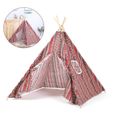 Tente Tipi Enfant - Coton et Chanvre+Bois de Tung - Motif indien - rouge 110x110x135cm-2