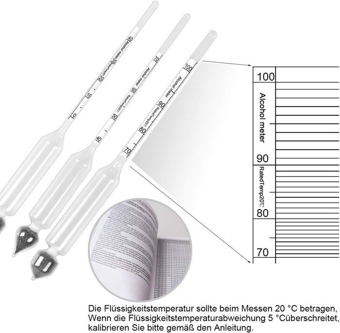 Set Hydromètre à Alcool 3 Pièces 0-100 Proof Avec Thermomètre Et Boîte En Bois - Pour Vin, Bière, Distillation