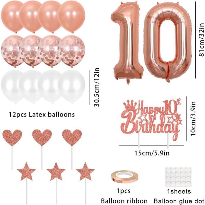 Décoration 10 Ans Anniversaire Fille - Couronne Strass, Ballons, écharpe - Thème Or Rose