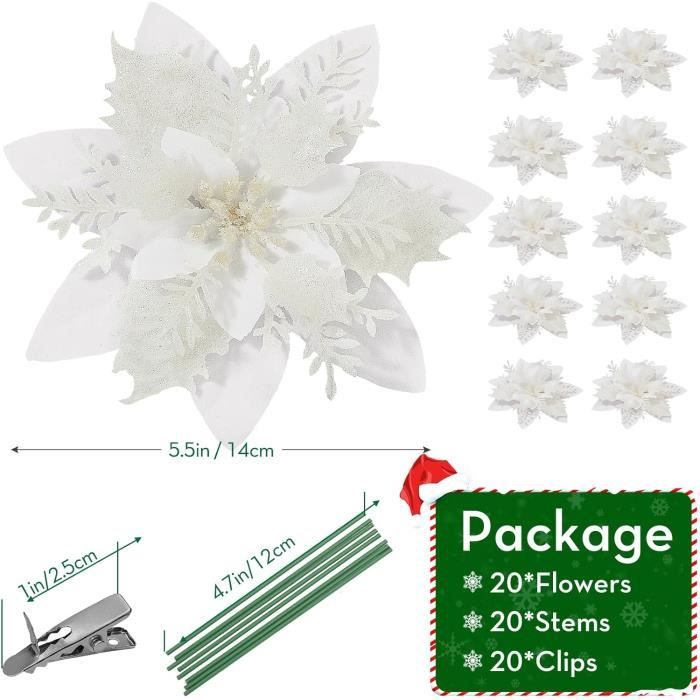 Fleurs Artificielles Poinsettia (Étoiles De Noël) Pailletées Blanches - Lot De 10 Pour Décoration De Sapin - 5