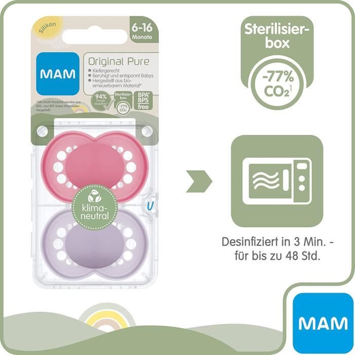 MAM Pure Lot de 2 tétines pour bébé en matériau durable et  bio-renouvelable, avec boîte à tétines, pour bébé de 0 à 6 mois, rose/violet