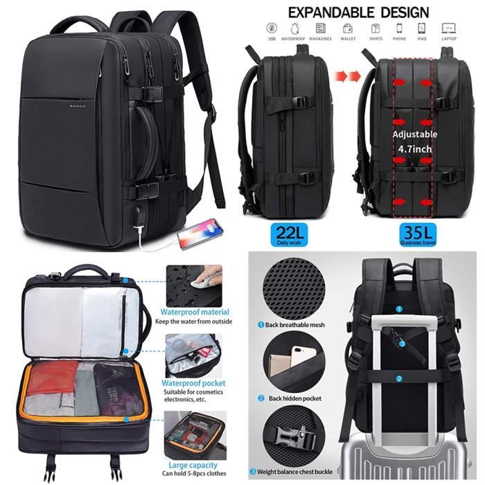 Sac à Dos Ordinateur Portable Homme 17.3 Pouces Imperméable Sac a Dos  Voyage Grande Capacité Sac à Dos PC Cabine Avion avec Sac à Chaussures pour  Travail Affaire Scolaire Voyage Femme