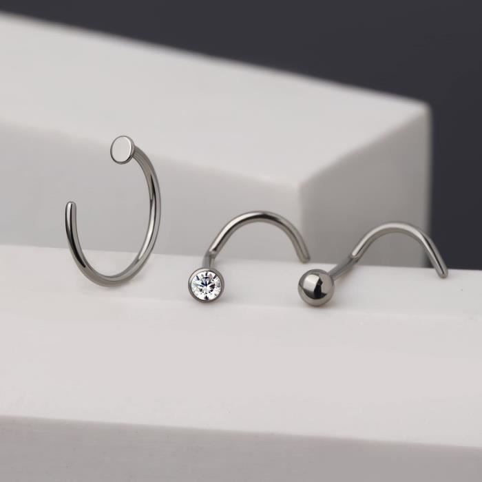 OUFER 3PCS Piercing Nez Titane G23 - Anneaux L 6mm Avec CZ Transparent Vert Violet - 20G