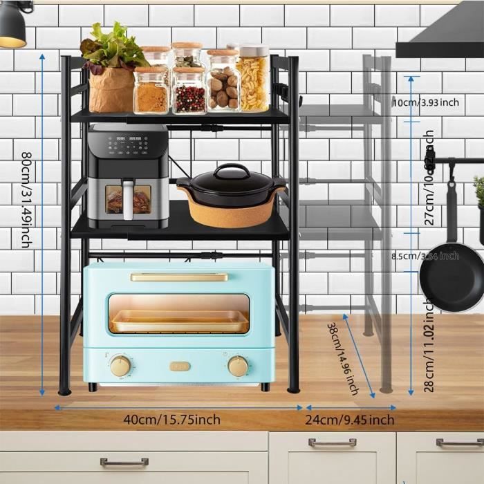 NAIZY Étagère Extensible 3 Niveaux Pour Micro-Ondes – Organiseur De Cuisine Avec Crochets Noir Mat