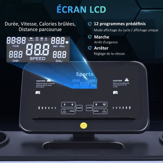 HOMCOM Tapis électrique de course pliable 1-9 Km/h 500 W écran LCD 3  programmes noir - Cdiscount Sport