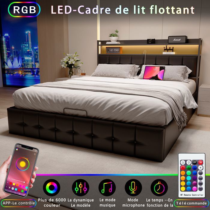 Lit Double 140x200 Cm Avec Rangement Coffre, LEDs, Ports USB Et Tête De Lit Simili Cuir - Cadre Stable Blanc - 8