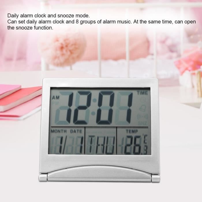 Réveil Numérique LCD Blanc – Petit, Portable, Avec Affichage Température, Pour Voyage Ou Bureau