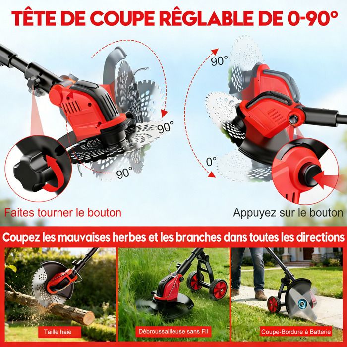 Débroussailleuse électrique Sans Fil 21V - Avec 2 Batteries 2.0Ah Et 4 Lames - Roues Réglables Pour Jardin