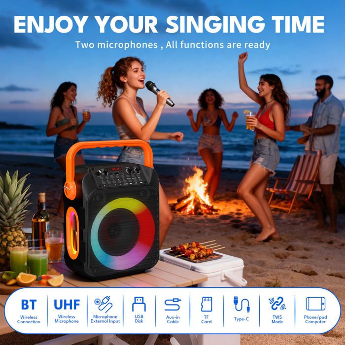 Mini machine de karaoké avec 2 micros sans fil, haut-parleur Bluetooth portable avec LED pour enfants et adultes (jaune) - TV Son Photo