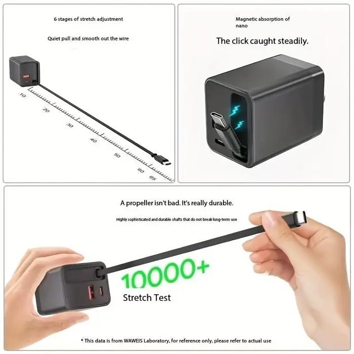 Chargeur GaN 65W 3 Ports Avec Câble Rétractable - Charge Rapide USB-C Pour MacBook, IPhone, Samsung, Ordinateur Portable