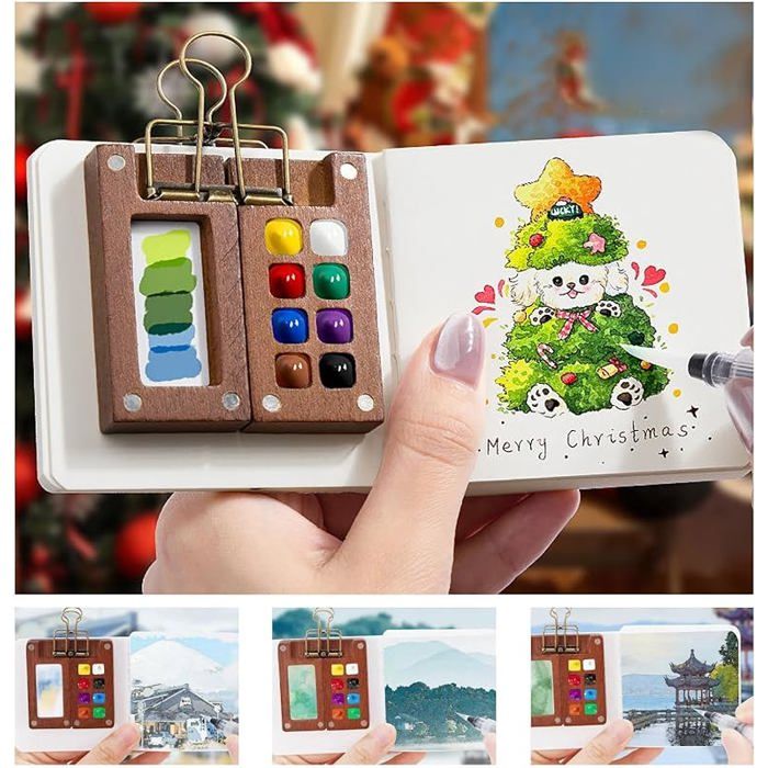 Kit Aquarelle Voyage Miniature - Palette Bois 8 Compartiments, Carnet Coton/lin, Pinceau - Portable Pour Artistes Nomades