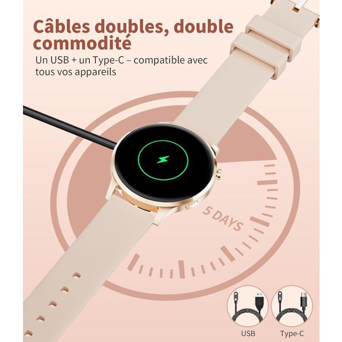 Montre Connectée Homme/Femme 1,32'' AMOLED Always-On – Appels Bluetooth 5.3, 120+ Sports, Santé (FC, Sommeil, SpO2) – Batterie 300 MAh