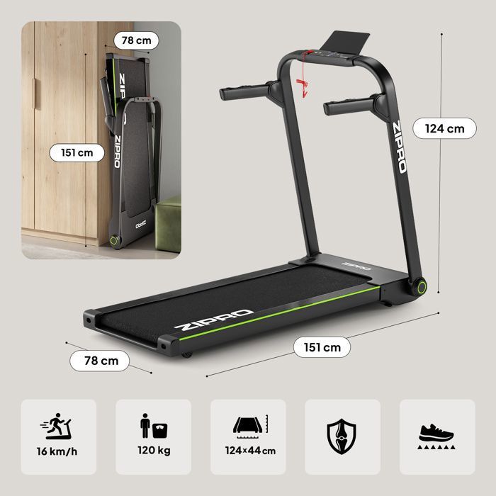 Tapis De Course Pliable ZIPRO Luma - Vitesse 12 Km/h, Inclinaison 12%, Charge Max 120 Kg, Écran LED, Silencieux