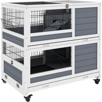 Clapier cage lapin sur roulettes - 2 niveaux, 2 plateaux, 3 portes, rampes - bois sapin gris blanc