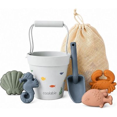 Yunhgft Ensemble de Jouets de Plage pour Enfants Comprenant Un Seau à Sable En Silicone, Une Pelle, Des Moules D'animaux Marins et Un Sac En Filet. Portab, Beige Blanc