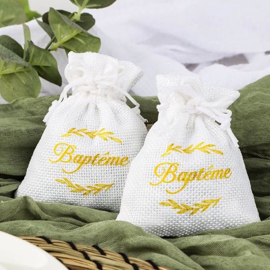 12Pcs Sachet Dragée Jute Baptême Pochette Blanc Motif Brindille Dorée