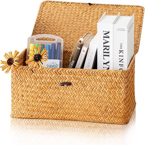 Panier à Magazines En Osier Tissé Avec Couvercle - Rangement Étagère Étroite Pour Salon, Bureau Ou Chambre - Taille S Ou L