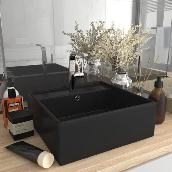 *20532 Lavabo carré de luxe à trop-plein Vasque à poser Évier et lavabo salle de bain Noir mat 41x41 cm Céramique