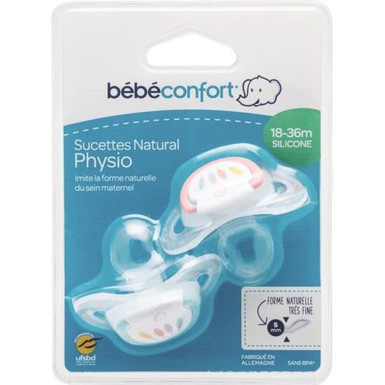 BEBE CONFORT Sucette Natural Physio 18-36 mois x2 - Silicone - Bleu & Rouge Indians