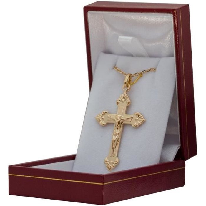 Ensemble Pendentif Croix Plate 4.5cm Jesus et chaine 50cm en plaqué Or avec boite coffret