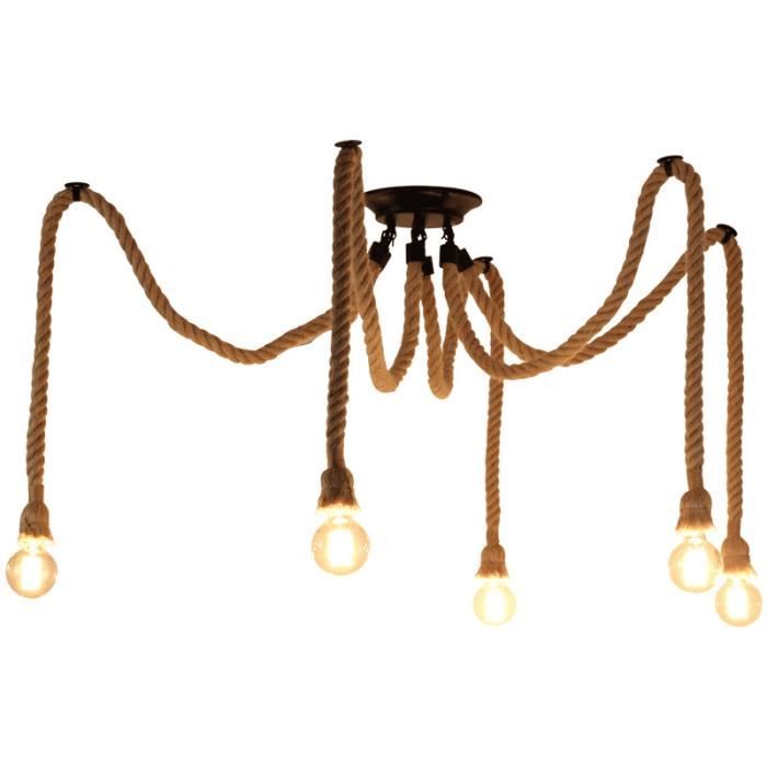 Lustre Suspension 5 Tête Corde de Chanvre Araignée E27 pour Chambre 2m Noir Sans ampoule