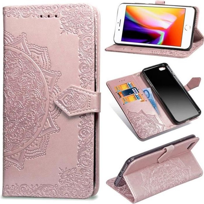 Étui iPhone 7, Or Rose Mandala Magnétique Cuir Prime Portefeuille à rabat Dragonne Housse Protection