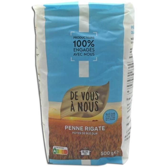 Les Penne Rigate sont composées de Blé dur et d'eau récolté dans le Midi de la France soigneusement triés et simplement broyés pour