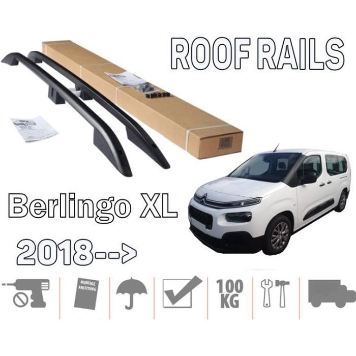 Barres de toit pour Citroen Berlingo III 09/2018>2021 Live long (LWB) longitudinales noir alu + pieds plastique noir