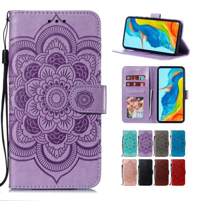Housse Samsung Galaxy A40, Étui à Rabat Portefeuille en Cuir Motif Mandala Fleur Protection Support Antichoc, Violet