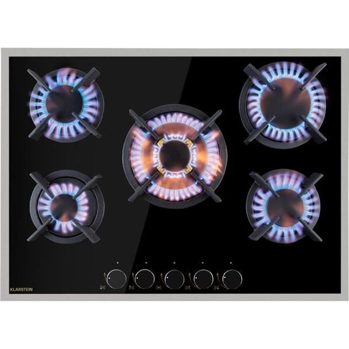 Plaque gaz 5 feux encastrable - Klarstein - 70 cm - tables de cuisson vitrocéramique - plaque de cuisson gaz - cuisinière - noir