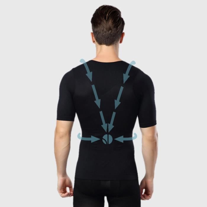 T-shirt Noir Homme Manches Courtes - Correcteur de Posture - Compression 360° - Anti-Mal de Dos - Maillot de Corps Sport Fitness