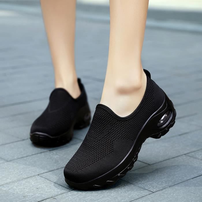 OS Mode féminine décontracté solide Sport respirant léger sans lacet chaussures baskets Noir